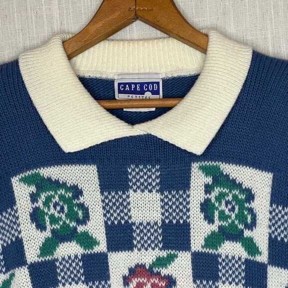 Vintage 80s Cape Cod Petites Size Medium Collared Cottage Pullover Sweater - Picture 3 of 7